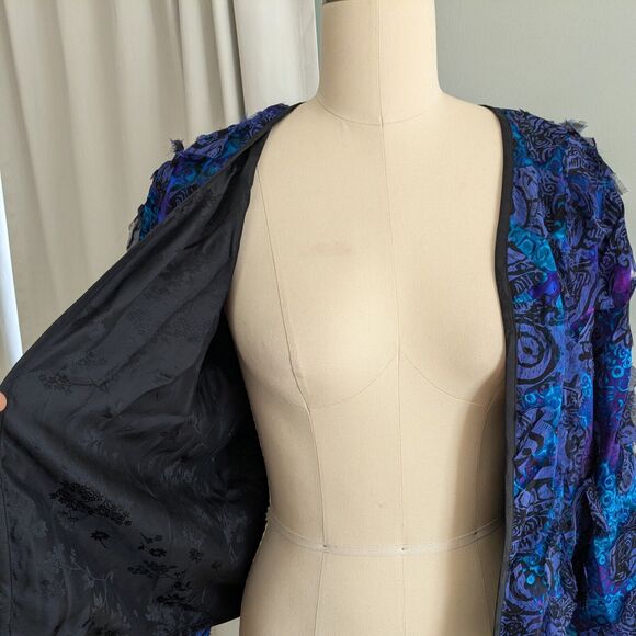 Vintage Chicos Silk Jacket Topper Blazer S Blue Black Art Eclectic Funky Floral - Picture 5 of 11